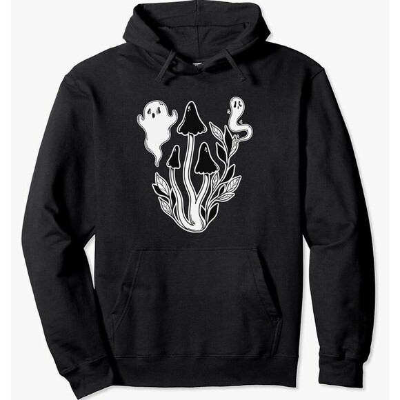Shrooms And Ghosts Black White Hoodie Medium Mushroom Paranormal Psychedelic - Picture 1 of 7